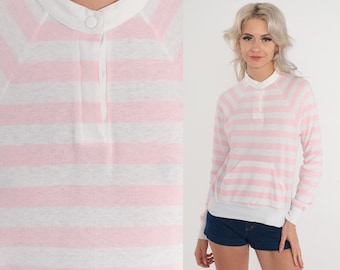 Pink Striped Sweatshirt 80s Henley Sweatshirt White Pastel Stripes Kangaroo Pocket Long Sleeve Pullover Sweater Snap Up Top Vintage 1980s XS