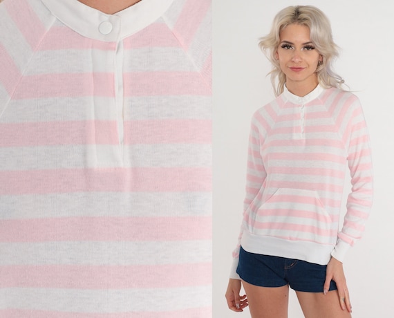 Pink Striped Sweatshirt 80s Henley Sweatshirt White Pastel Stripes Kangaroo Pocket Long Sleeve Pullover Sweater Snap Up Top Vintage 1980s XS
