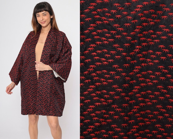 70s Kimono Robe Black Floral Jacket Open Front Boho Retro Asian Inspired Bamboo Leaf Print Hippie Festival Vintage 1970s Small Medium Large