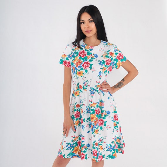 White Floral Dress 90s Mini Dress Rose Flower Print Sun Dress Retro Short Sleeve High Waisted Sun Day Dress Boho Vintage 1990s Medium Large