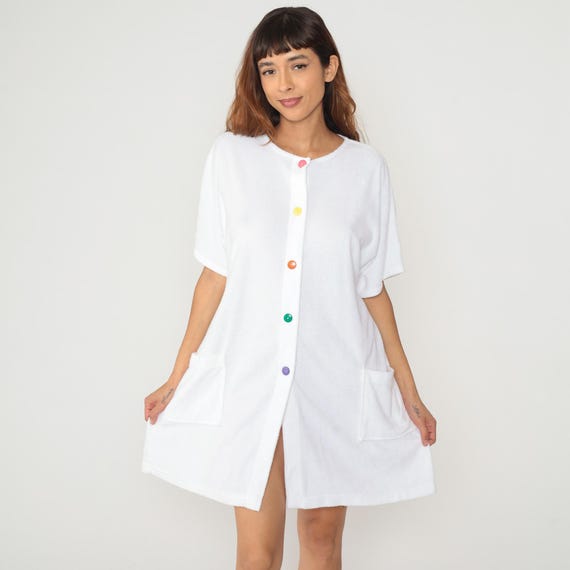 80s Terrycloth Robe Dress White Colorful Rainbow Beach Pool Coverup Pockets Mini Dress Vintage Housecoat Lounge Summer Yacht Party Large L