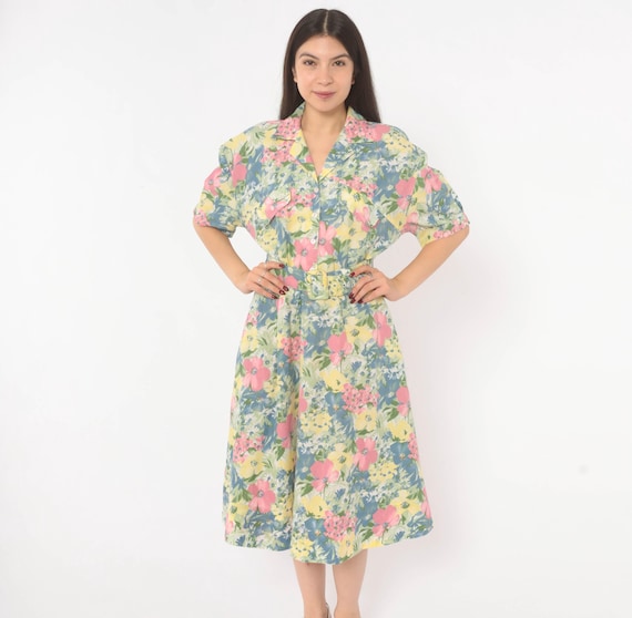 80s Floral Shirtdress Pink Yellow Blue Garden Belted Button Front Puff Sleeve Midi A Line Cottagecore Prairie Summer  Vintage Medium M
