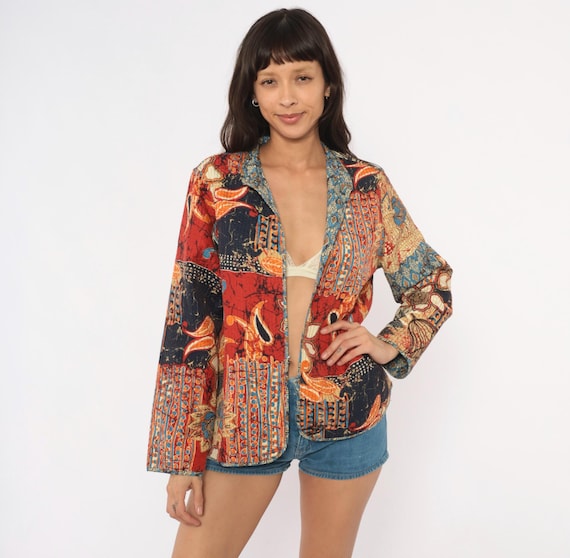 Batik Patchwork Blazer 2000s Alfred Dunner Quilted Jacket Floral Navy Red Orange Blue Open Front Tropical Leaf Pattern Eclectic Top Small S