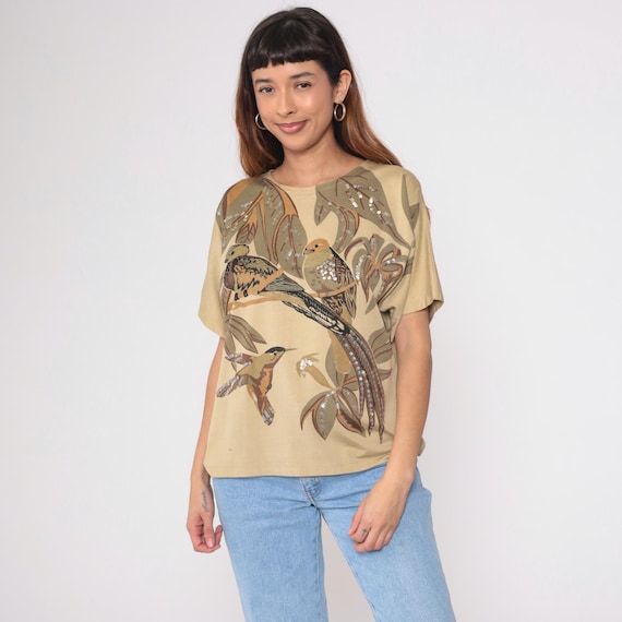 Sequined Bird Top 90s Tan Dove Print Oversized Tee Beaded Exotic Bird Olive Leaf Pattern Boxy Short Sleeve Tropical Foliage Large L