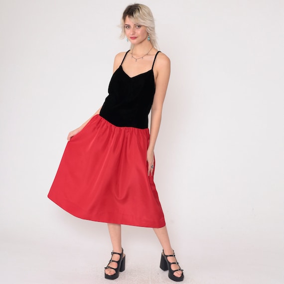 Velvet Party Dress 80s Red Spaghetti Strap Mixed Media Dress Color Block Drop Waist Midi Prom Formal V Neck 1980s Cocktail Medium 8