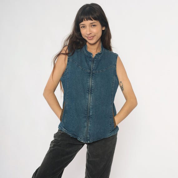 Southwestern Denim Vest Y2K Blue Zip Front Lined Western Yoke Sleeveless Outdoor Casual Panel Contrast Trim Vintage Womens Cowgirl Medium M