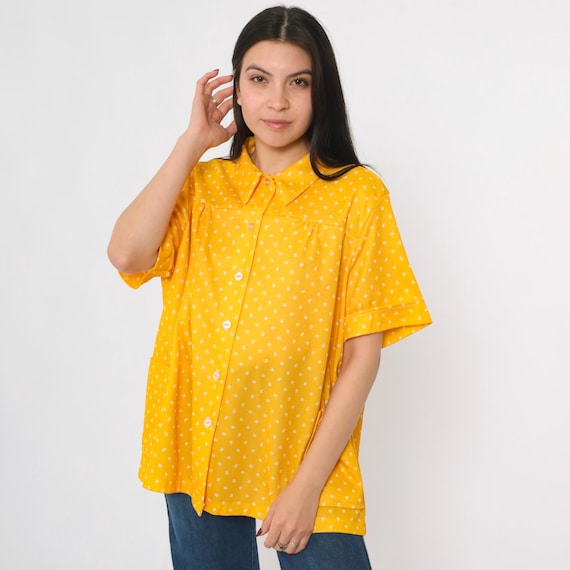 Vintage 70s Floral Shirt Yellow Smock Button Up Blouse Pocket Hippie Micro Flower Print Top Summer Short Sleeve 1970s 2xl
