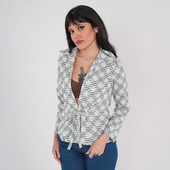 Checkered Blazer 70s Tie Front Jacket White Black Striped Plaid Print Retro Tailored Preppy Deep V Jacket Collared Vintage 1970s Small S