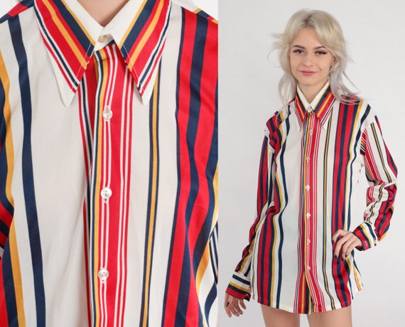 70s Striped Shirt Dagger Collar Button up Disco Shirt Retro White Red Yellow Blue Top Collared Long Sleeve Blouse Vintage 1970s Medium M