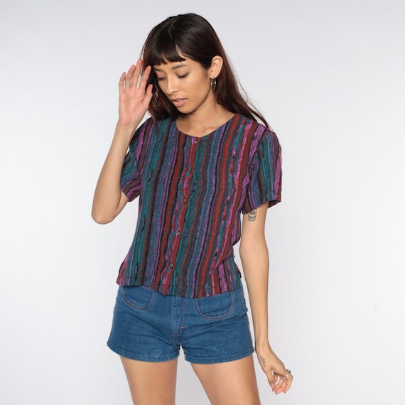 Striped Shirt 90s Stripes Shirt Button Up Shirt Short Sleeve Purple Teal Green Pink 1990s Short Sleeve Vintage Tee Medium
