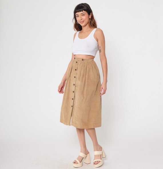Tan Corduroy Button Front Skirt 80s High Waist Midi A Line Vintage Cottagecore Dark Academia Pleated Beige Brown Prairie Romantic Academic 8