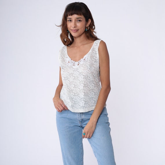 White Lace Camisole 80s Sheer Lingerie Tank Top Round Neck Cami Retro Boho Sexy Romantic Sleep Shirt Sleeveless Blouse Vintage 1980s Large L