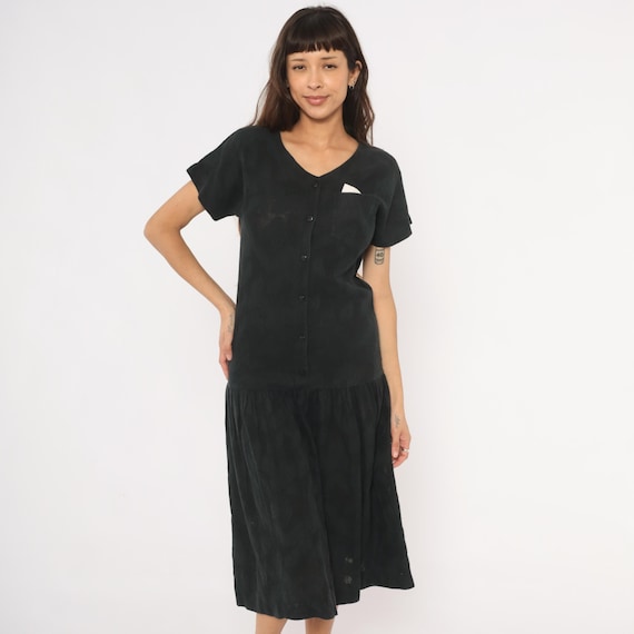 90s Black Drop Waist Dress Button Front V Neck Cotton Midi Gathered Skirt Short Sleeve Pocket Detail Minimalist Dark Vintage Small S