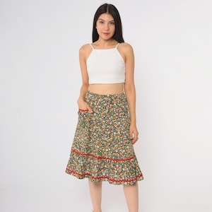 Floral Prairie Skirt 70s Cottagecore Tiered Ruffle Midi Bohemian Folk Festival Peasant Style Romantic Feminine Hippie Cotton Small S