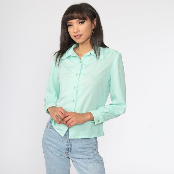 Mint Blue Green Blouse Polka Dot Shirt 70s Dagger… - image 3