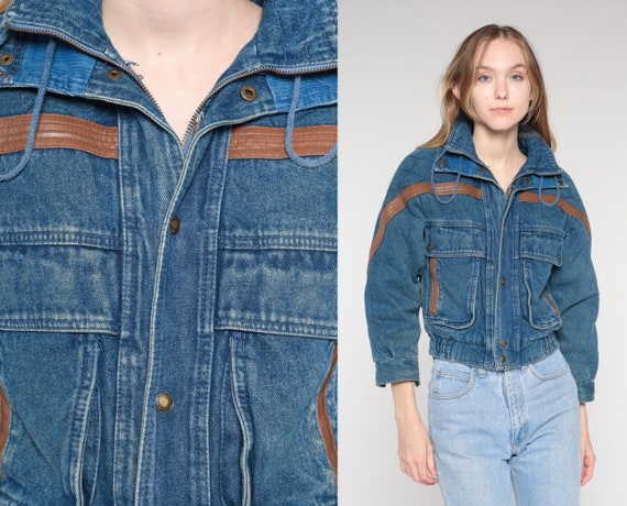Cropped Jean Jacket 90s Lined Denim Jacket Retro Blue Snap Up Coat Red Quilted Lining Brown Trim Streetwear Vintage 1990s Extra Small xs