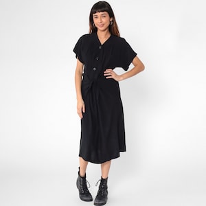 Vintage 1940s Black Midi Dress WWII 40s Relaxed Fit Button Up Waist Tie Dolman Sleeve Wartime 1940s Minimalist Classic Medium M