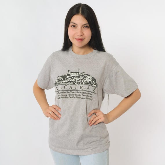 Vintage Hotel Alcatraz T-Shirt 90s Grey San Francisco Funny Graphic Tee SF California Tshirt Retro Single Stitch Screen Stars 1990s Medium M