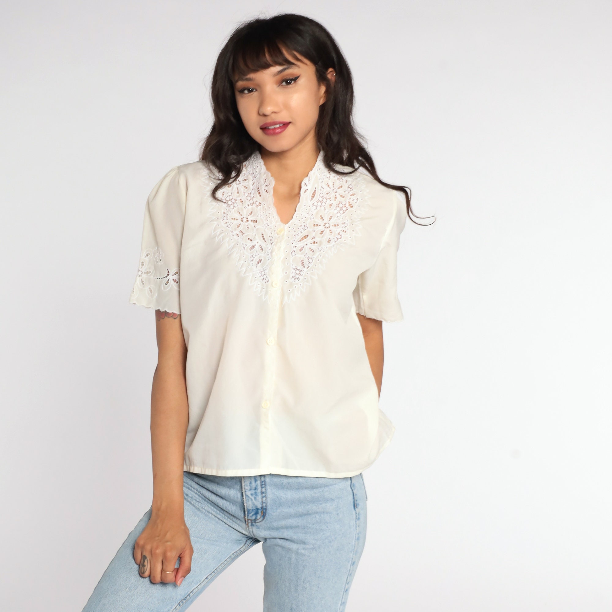 Embroidered Cutout Blouse Cream Floral Cutwork Shirt Open Weave Cut Out ...