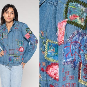 Floral Denim Jacket Y2k Embroidered Jean Jacket Retro Tie Dye Abstract Flower Print Button up Coat Hippie Bohemian Vintage 00s Medium M
