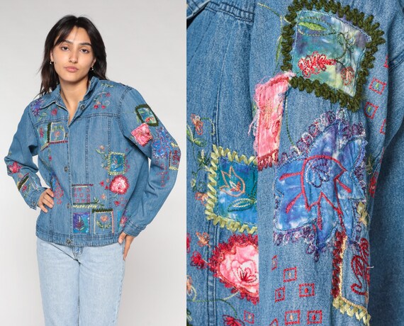Floral Denim Jacket Y2k Embroidered Jean Jacket Retro Tie Dye Abstract Flower Print Button up Coat Hippie Bohemian Vintage 00s Medium M