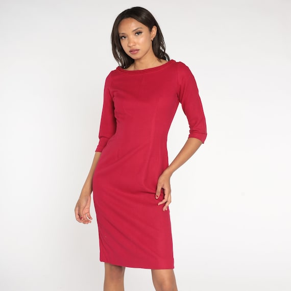 Berry Red Wool Dress 60s Wiggle Dress Midi Party Jackie O High Waist 3/4 Sleeve Pencil Mad Men Formal Cocktail Vintage 1960s Small