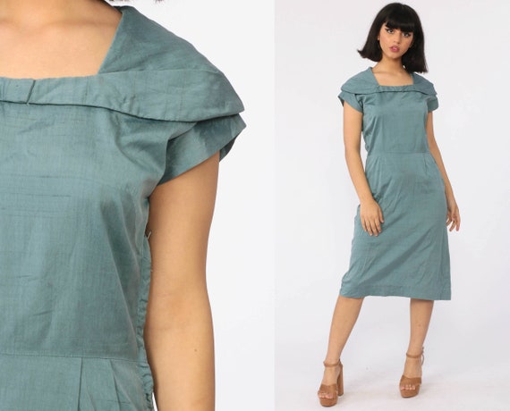 1950s Wiggle Dress 60s Sailor Collar Blue Sheath Fitted Dress 50s Mad Men Midi Hourglass Pencil Vintage Cap Sleeve Small