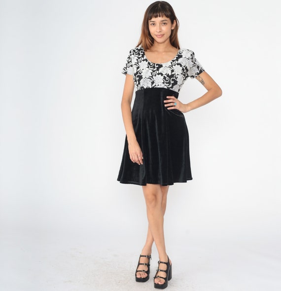 Floral Velvet Dress 90s Black White Mini Grunge D… - image 2