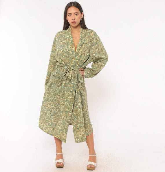 70s Paisley Robe Cream Teal Wrap Duster Tie Waist Belted Kimono Style Housecoat Long Sleeve Pockets Cotton Loungewear Vintage Extra Large XL