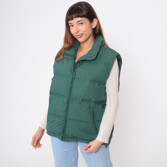 Forest Green Puffer Vest 90s Down Filled Jacket Outdoor Hiking Gorpcore Athletic Vintage Quilted Winter Puffy Outerwear Skiing Woods Large L