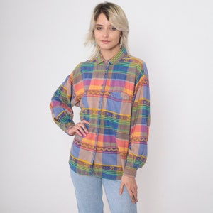 Geometric Checkered Shirt 80s 90s Southwestern Plaid Button Up Blouse Zig Zag Chevron Collared Vintage Long Sleeve Blue Pink Taupe Large image 2
