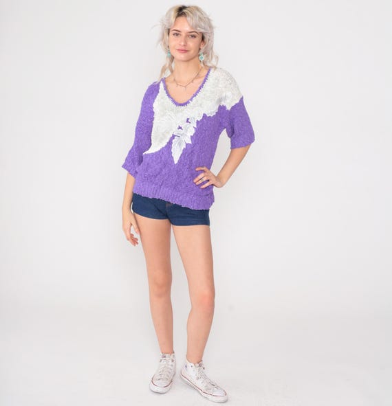 80s Purple Sweater Color Block Leaf Applique V Neck Short Sleeve White Textured Knit Oversized Acrylic Vintage Embroidered  Boxy Small S