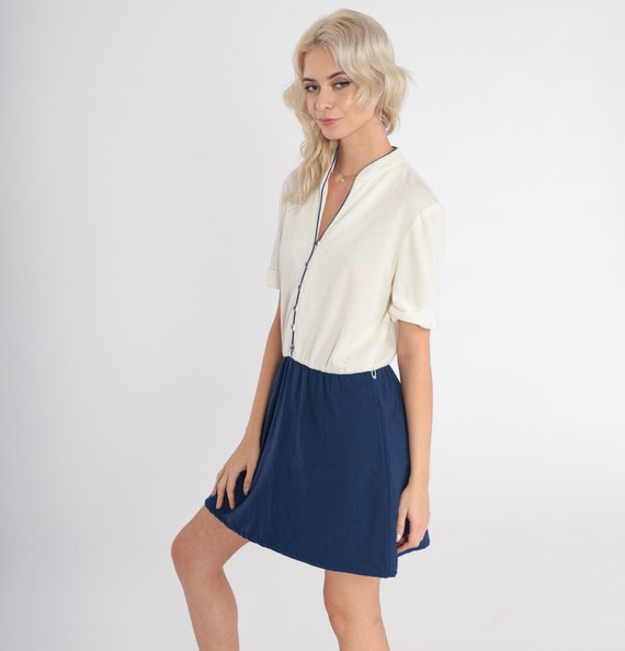80s Day Dress Button up Mini Dress White Navy Blu… - image 4