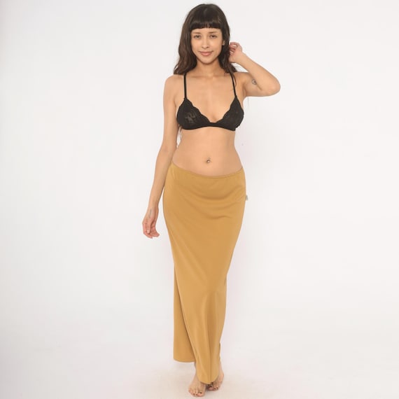 2000s Camel Maxi Skirt Tan Cut Low Rise Elastic Waist Ankle Minimal Beige Long Khaki Slip Style Neutral Taupe Vintage Womens Medium M
