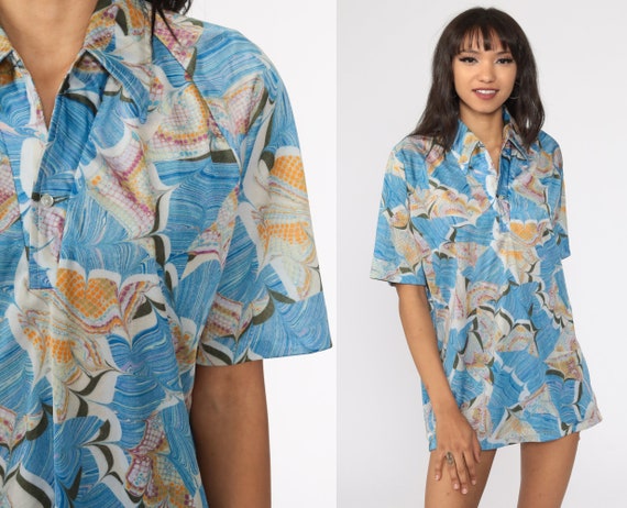 Hippie Shirt Psychedelic Shirt Boho Top 70s Acid Print Button Up Shirt 1970s Top Short Sleeve Bohemian Vintage Blue Large L