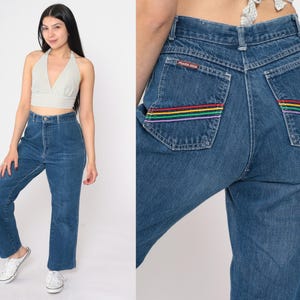 70s Straight Leg Jeans Rainbow Striped Pocket High Waisted Jeans Blue Denim Pants Retro Bohemian Jeans Boho Hippie Vintage 1970s Small