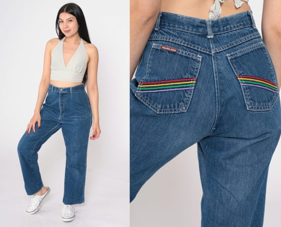 70s Straight Leg Jeans Rainbow Striped Pocket High Waisted Jeans Blue Denim Pants Retro Bohemian Jeans Boho Hippie Vintage 1970s Small