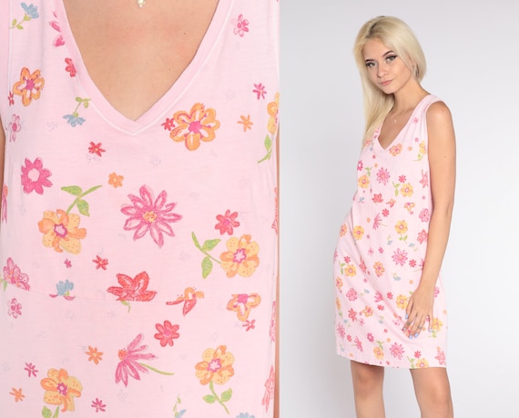 Pink Floral Tank Dress Y2k Mini Dress Boho Grunge Retro V Neck Casual Flowy Bohemian Summer Day Shift Hipster Vintage 00s Cotton Small S