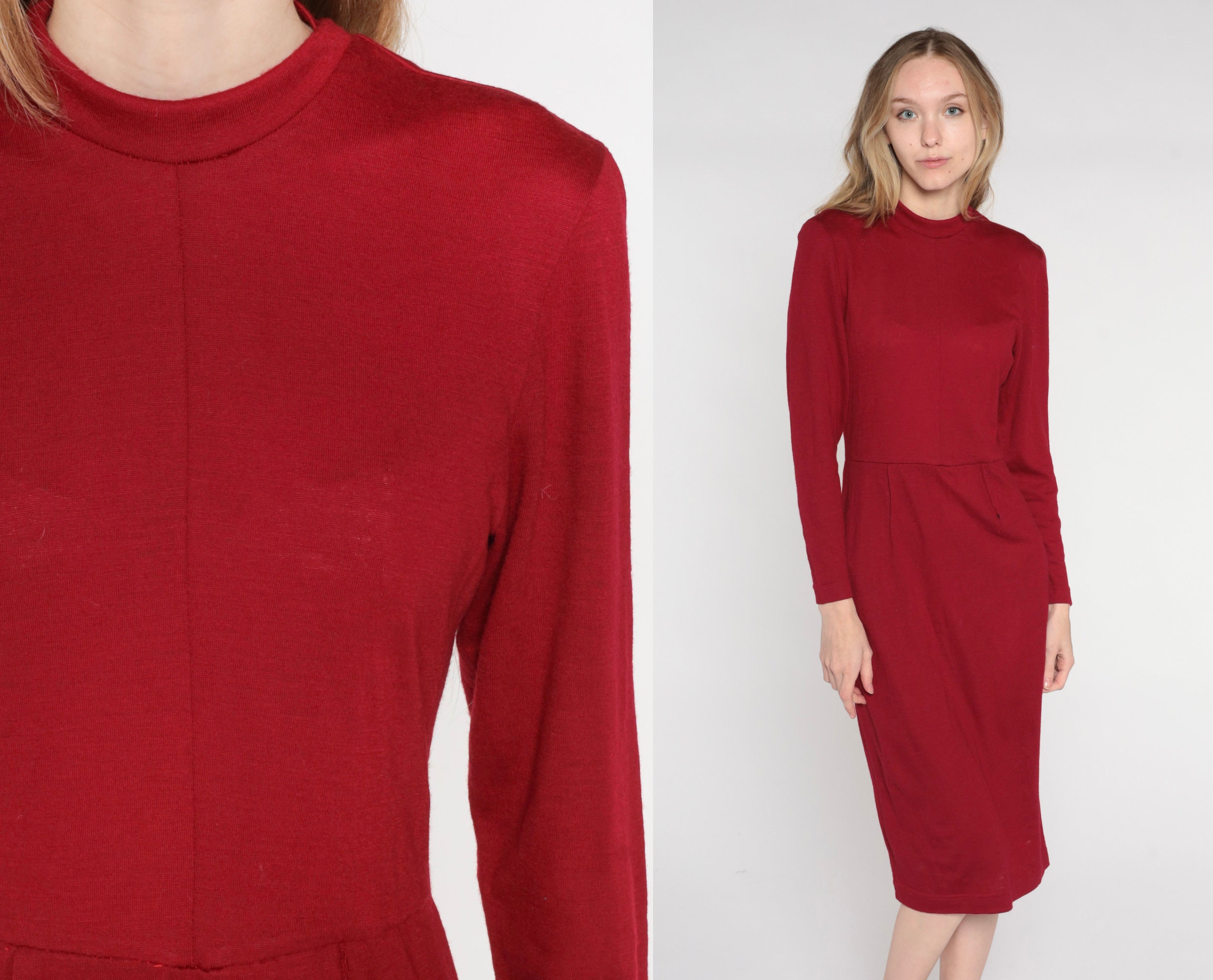 Red Wool Midi Dress 70s Mock Neck Sheath Dress Boho Pencil Long Sleeve ...