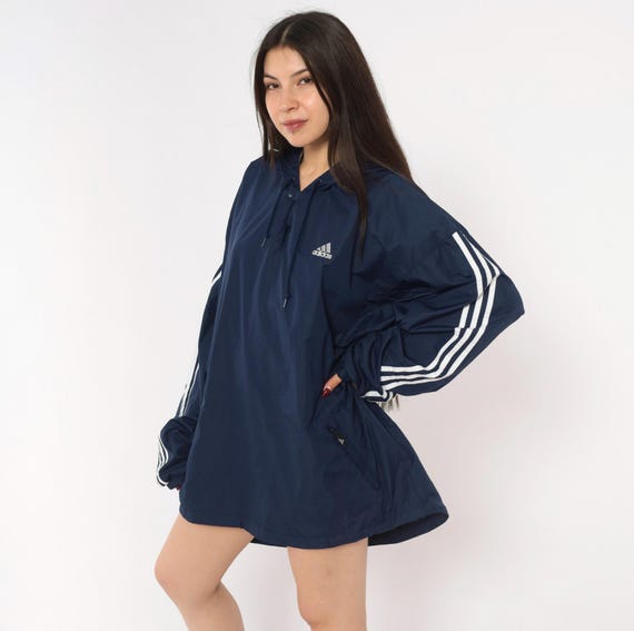 Y2K Navy Adidas Windbreaker Three Stripe Pullover Anorak Hooded Rain Jacket White Stripe Sporty Athletic Shell Hood Dark Blue Extra Large XL
