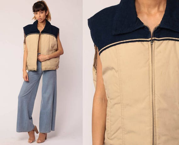 Puffer Vest Ski Vest CORDUROY Retro 70s Vest DOWN FILL Puffy Sleeveless Jacket Color Block 80s Hipster Vintage 1980s Blue Tan Extra Large xl