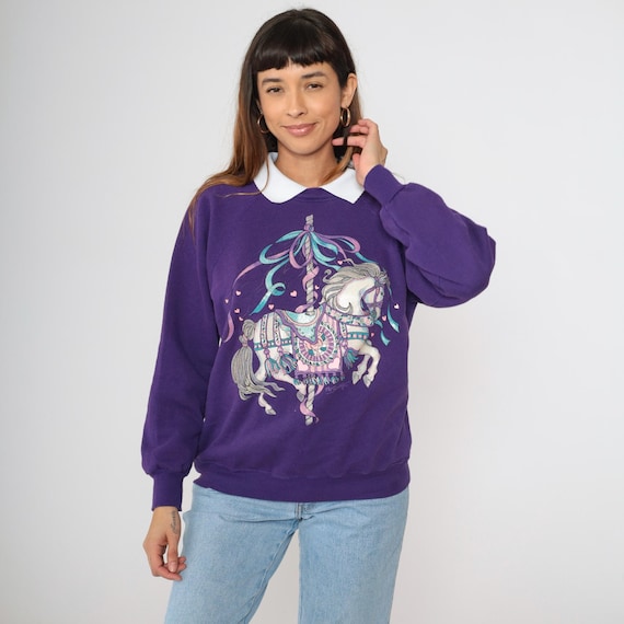 90s Carousel Horse Sweatshirt Vintage Purple Glittery Merry-Go-Round Shirt Collared Sweatshirt Slouchy 1990s Sparkly Graphic Medium