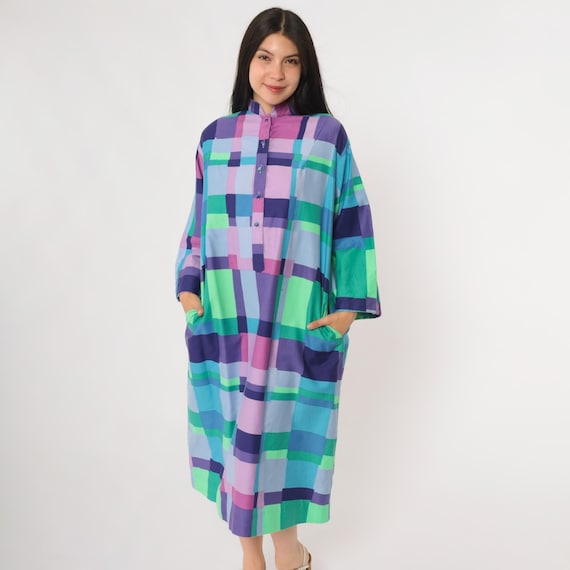 Catherine Ogust Dress Geometric Block Print 60s Penthouse Gallery Front 3/4 Sleeve Psychedelic Kaleidoscope Op Art Groovy Trippy Large L