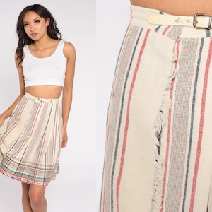 Plaid Pleated Skirt 80s Wool Blend Mini Skirt High Waisted Buckle Strap Faux Wrap Schoolgirl Checkered Vintage 1980s Extra Small xs