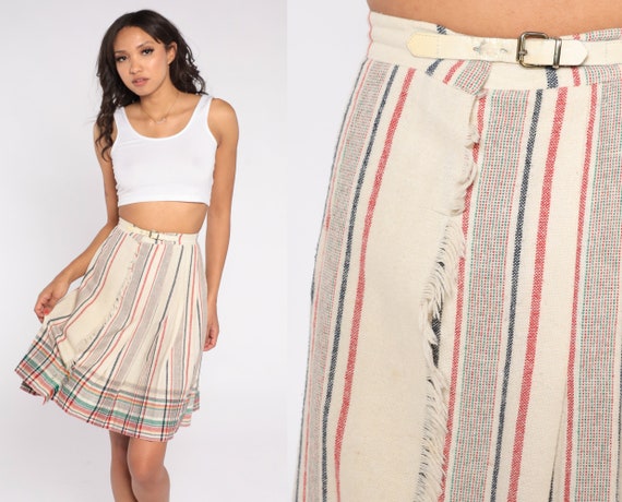 Plaid Pleated Skirt 80s Wool Blend Mini Skirt High Waisted Buckle Strap Faux Wrap Schoolgirl Checkered Vintage 1980s Extra Small xs