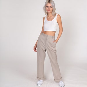 Herringbone Pants 70s Trousers Sand Twill High Waisted Rise Slacks Straight Cuffed Leg Preppy Basic Simple Seventies Vintage 1970s Medium 30