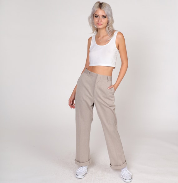 Herringbone Pants 70s Trousers Sand Twill High Waisted Rise Slacks Straight Cuffed Leg Preppy Basic Simple Seventies Vintage 1970s Medium 30