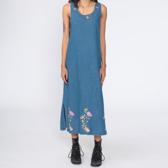 Floral Denim Dress EMBROIDERED Dress 90s Midi Jea… - image 5