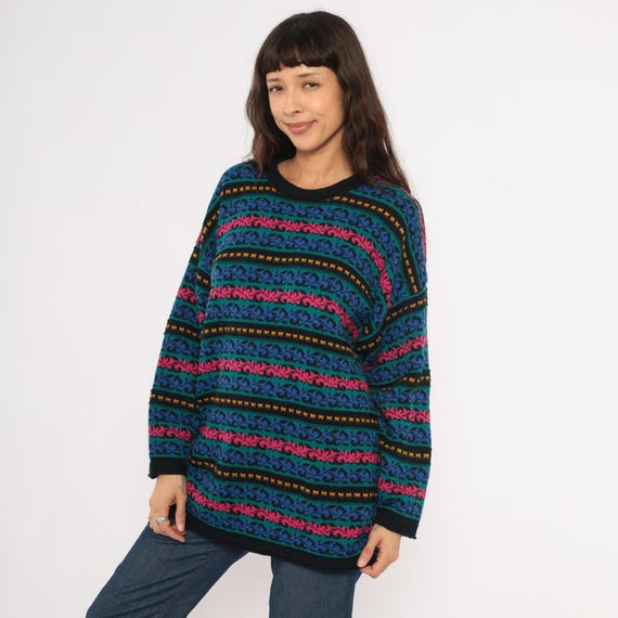90s Jacquard Knit Sweater Teal Pink Blue Scroll Pattern Striped Crew Neck Pullover Long Sleeve Tunic Length Colorful Vintage Extra Large XL