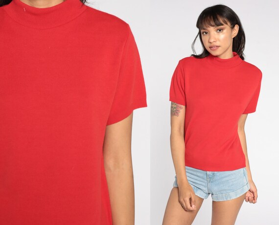 Red Sweater Top Mock Neck Knit Top Pastel Sweater Shirt 1980s Vintage Knit Shirt Short Sleeve 80s Vintage Medium
